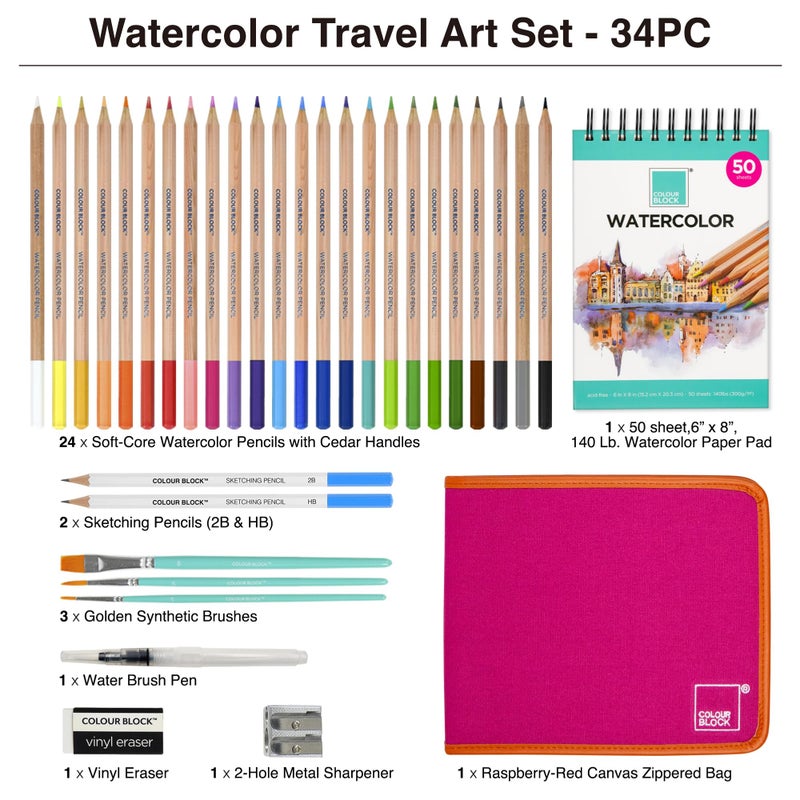 COLOUR BLOCK Watercolor Pencil Travel Art Set I 34pc Professional Drawing Kit, 50Sheets Drawing Pad, Paint Brushes I Vibrant Pigments for Coloring, Blending - Image 3